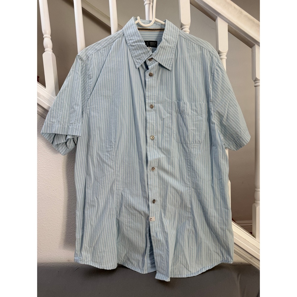 Armani Jeans Mens Short Sleeve Button Down Striped Shirt Blue White XXL